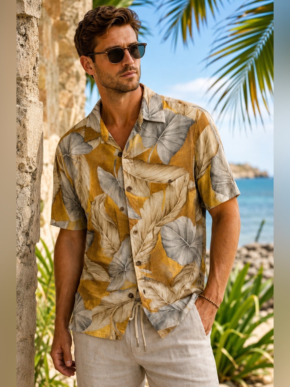 Island Republic Mens M 100% Silk Hawaiian Camp Shirt Tropical Leaf Aloha